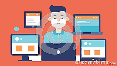 Responsive Design An illustration of a web developer testing a website on multiple devices desktop tablet smartphone to Vector Illustration