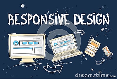 Responsive Design Laptop Phone Tablet Desktop Device Screen Size Doodle Vector Illustration
