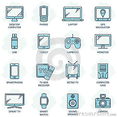 Responsive design related color line icons. Modern technology devices set Vector Illustration