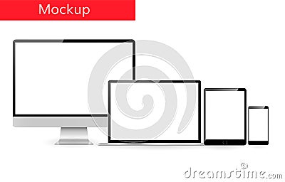 Responsive design template computer laptop tablet and smartphone standing in line Vector Illustration