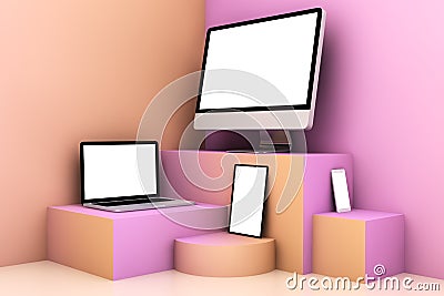 responsive devices on cream pink and orange scene Stock Photo