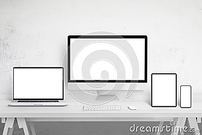 Responsive devices mockup for web site design promotion on different display sizes. Isolated white screens Stock Photo