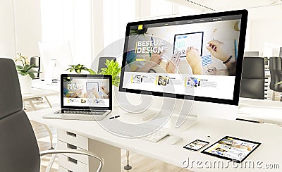 responsive devices with ux design website in loft office mockup Stock Photo
