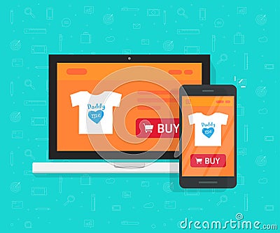 Responsive internet shop development, design, online store web site page showed on laptop and smartphone Vector Illustration