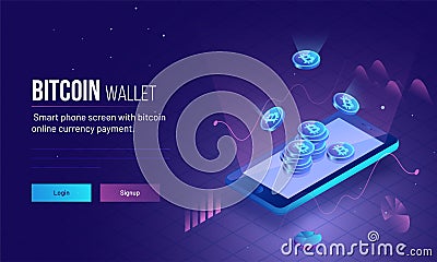 Responsive landing page or hero image for Bitcoin Wallet with 3D isometric illustration of smartphone with glowing bitcoins for v Cartoon Illustration