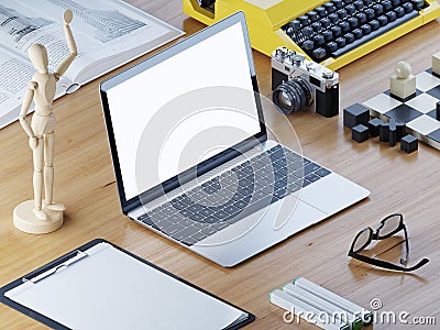 Responsive mockup screen laptop on a wooden table with decoration. Stock Photo