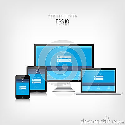 Responsive web design. Adaptive user interface. Digital devises. Laptop tablet monitor smartphone. Web site template Vector Illustration