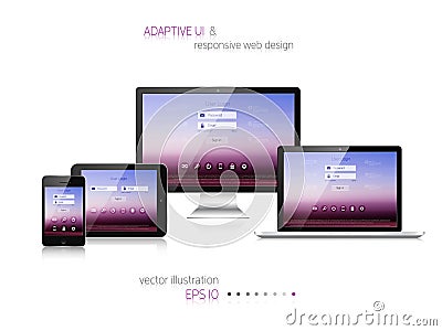 Responsive web design. Adaptive user interface. Digital devises. Laptop tablet monitor smartphone. Web site template Vector Illustration