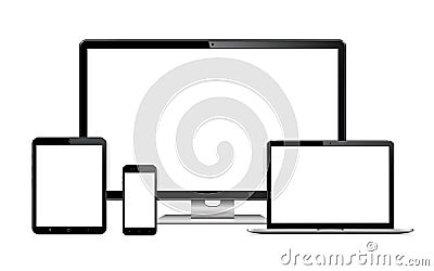 Responsive web design computer display with laptop and tablet pc with mobile phone isolated Vector Illustration