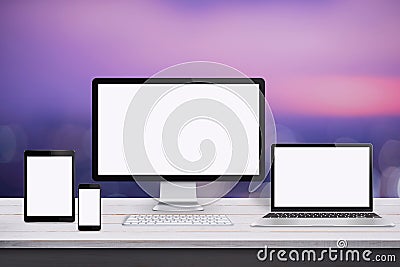 Responsive web design mockup. Devices with screen on white wooden desk Stock Photo