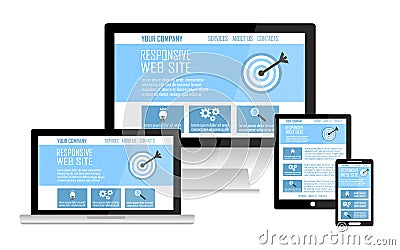 Responsive web site design flat concept in electronic devices: computer, laptop, tablet, mobile phone. Vector Illustration