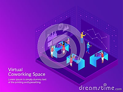 Responsive web template design, miniature business people analysis data or performing task together for Virtual Co-Working Space Stock Photo