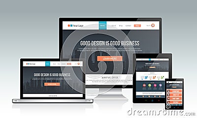 Responsive website template on multiple devices Vector Illustration