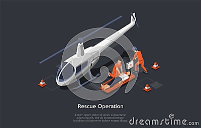 Resque Equipment And Helicopter Flight Resque System Concept. The Rescuers Came With Helicopter Use A Special Equipment Vector Illustration