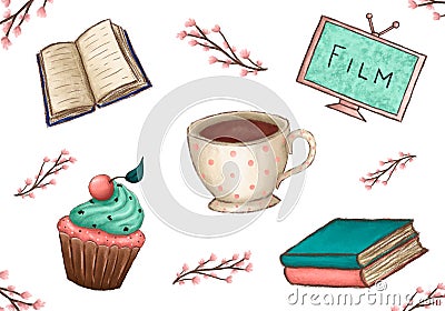 A set of illustrations of a book, a TV, a mug with tea or coffee, a cupcake with a cherry, twigs with flowers Vector Illustration