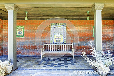 Rest area with bench in Marston House Museum & Gardens. San Diego, CA Editorial Stock Photo