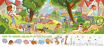 Rest in city park. Panorama. Find hidden objects Vector Illustration