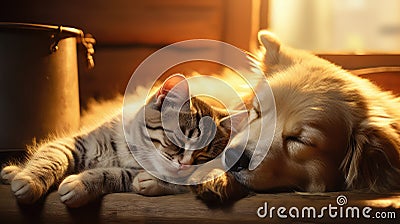 rest dog and cat sleeping Cartoon Illustration