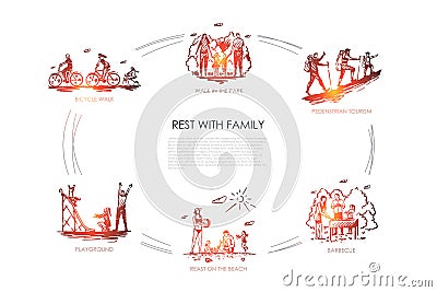 Rest with family - walk in park, bicycle walk, playground, barbecue, pedestrian tourism, rest on beach vector concept set Cartoon Illustration
