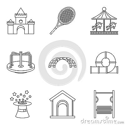 Rest in kindergarten icons set, outline style Vector Illustration