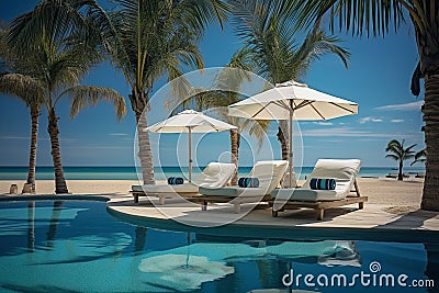 empty loungers umbrellas near the pool with palm trees,rest by the sea, relax under umbrellas on sunbeds, generative ai Stock Photo