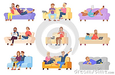 Rest on sofa people. Resting couple, man woman relax and eating, watch tv. Cartoon characters leisure at home on couch Cartoon Illustration
