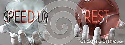 Rest and speed up in a balanced life - pictured as words rest,speed up in hands to show that speed up and rest should stay in Cartoon Illustration