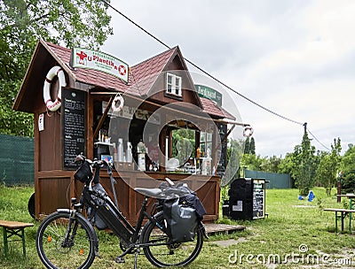 Rest stop with drinks and sausages on the Elbe Cycle Path in the Czech Republic Editorial Stock Photo