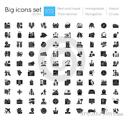 Rest and travel black glyph icons set on white space Vector Illustration