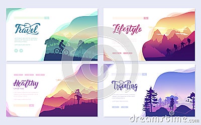 Rest and vacation, hike and travel, walk on the slopes of the mountains Vector Illustration