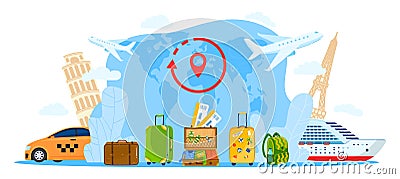 Restart travel agency flat concept vector illustration, cartoon tourist bag, open suitcase baggage for travelers, pinned Vector Illustration