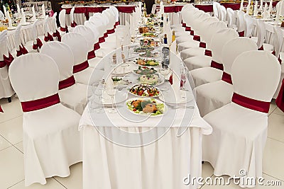 A restaurant banquet room decorated for a wedding Stock Photo