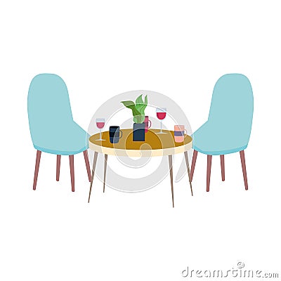 Restaurant or a cafe chair window table with wine coffee cups Vector Illustration