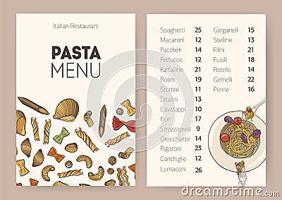 Restaurant or cafe dining menu template with plate of cooked delicious spaghetti, different types of uncooked pasta and Vector Illustration