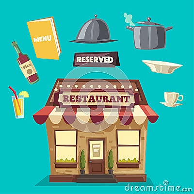 Restaurant or cafe. Exterior building. Vector cartoon illustration Vector Illustration