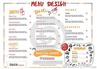 Restaurant cafe menu design in hand drawn style with grunge symbols of products. Vector Illustration