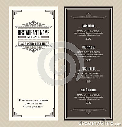 Restaurant or cafe menu design template with vintage retro art deco frame Vector Illustration