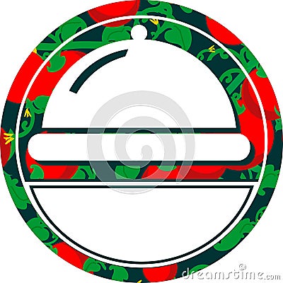 Restaurant and cafe round logo with cloche and tomato background Vector Illustration