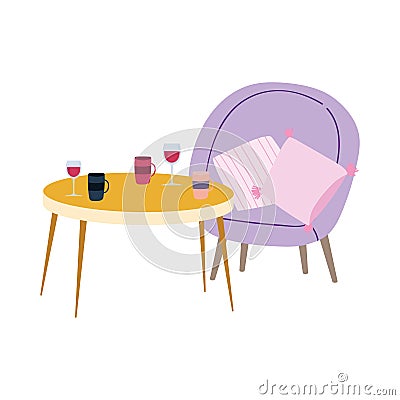 Restaurant or a cafe table chair with cushions wine coffee cups Vector Illustration