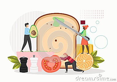 Restaurant chefs preparing delicious sandwich avocado toast, vector flat illustration Vector Illustration