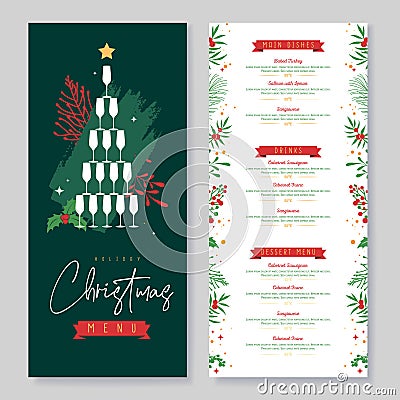 Restaurant Christmas holiday menu design with pyramid of champagne glasses and floral desoration. Vector Illustration