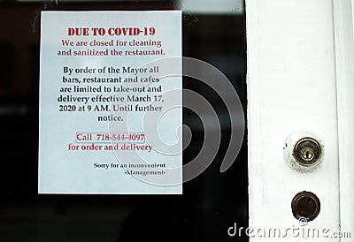 Restaurant Closed Sign Due to Covid 19 Coronavirus Crisis in NYC Editorial Stock Photo