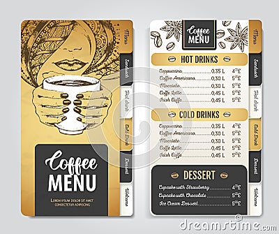 Restaurant Coffee menu design. Decorative sketch of cup of coffee or tea Vector Illustration