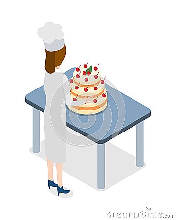 Restaurant. Confectioner Standing near Big Cake Vector Illustration