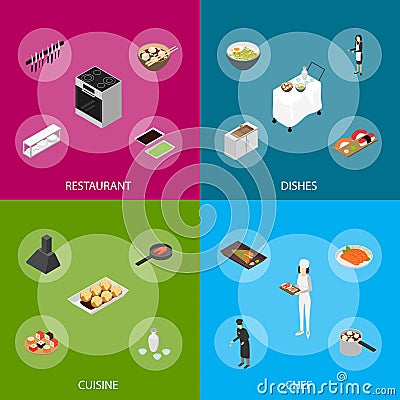 Restaurant Cooking Concept Banner Set 3d Isometric View. Vector Vector Illustration