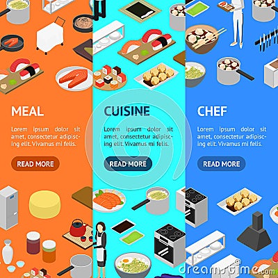 Restaurant Cooking Concept Banner Vecrtical Set 3d Isometric View. Vector Vector Illustration