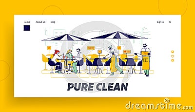 Restaurant Disinfection Landing Page Template. Coronavirus Infection Spreading Prevention. Characters at Outdoor Cafe Vector Illustration