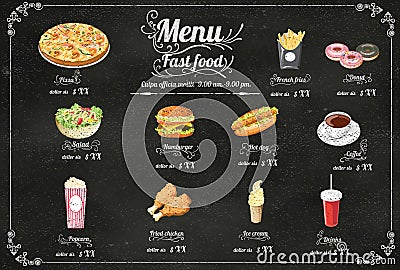 Restaurant Fast Foods menu on chalkboard vector format eps10 Vector Illustration