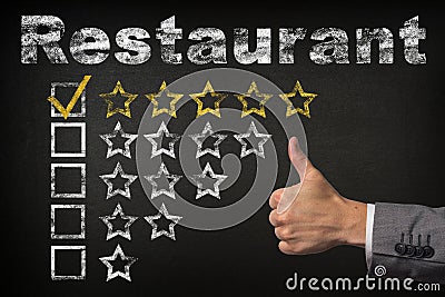 Restaurant five 5 star rating. thumbs up service golden rating stars on chalkboard Stock Photo