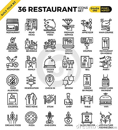 Restaurant food business pixel perfect outline icons Vector Illustration